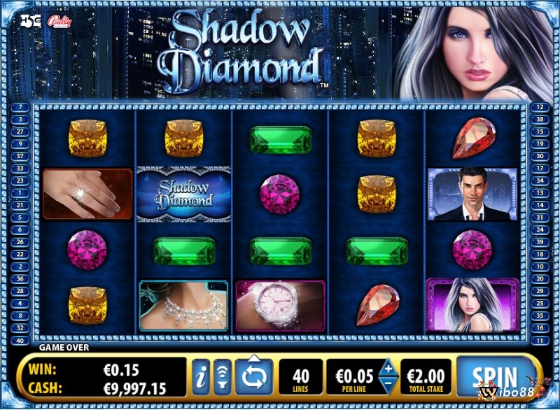 Giao diện chính của slot game Shadow Diamond với các biểu tượng đặc trưng