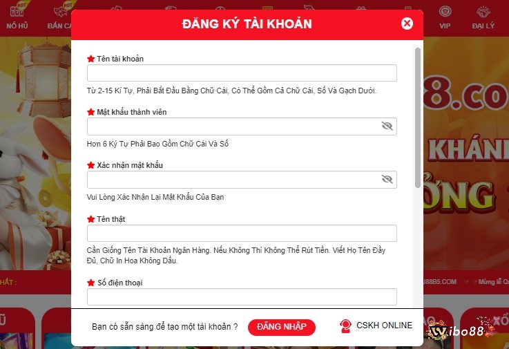 Form đăng ký tài khoản tại web cược J88