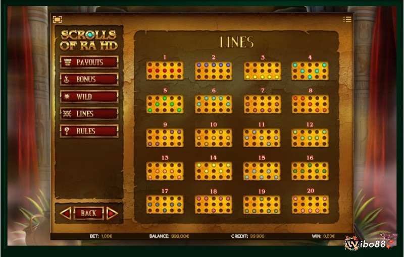 Scrolls of Ra HD là trò chơi slot 5 cuộn với 20 hàng thanh toán