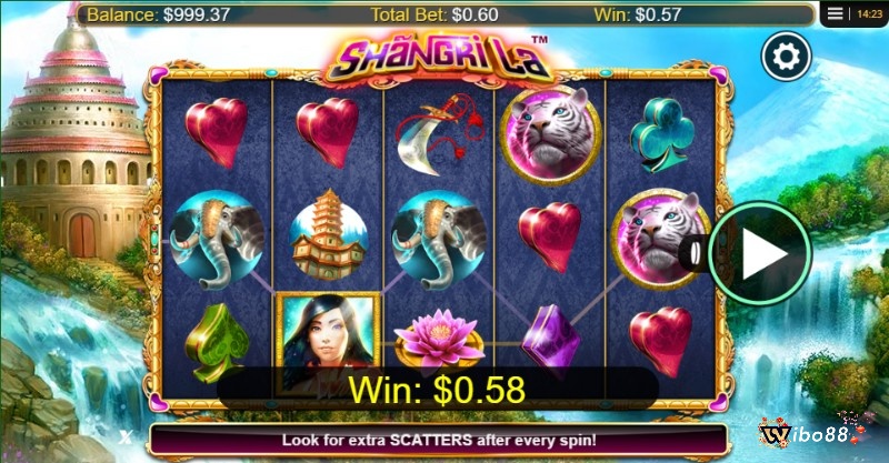 Bối cảnh Shangri La slot khá thơ mộng, trên một thác nước bên cạnh ngôi đền