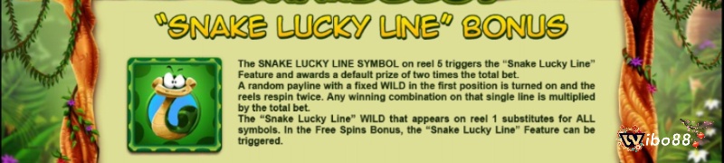 Tính năng Snake lucky line bonus được kích hoạt khi biểu tượng con rắn nền xanh xuất hiện trên cuộn 5