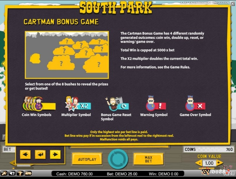 Cartman Bonus Game của South Park slot giúp bạn chọn các bụi cây và mở thưởng là tiền mặt, hệ số nhân x2